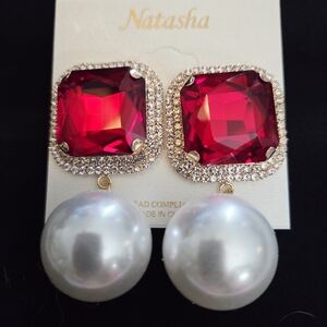 NWT Natasha Couture Oversized Red & Gold Earrings with Big Pearl Drops